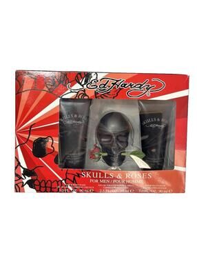 Ed Hardy Skulls & Roses Fragrance for Men Gift Set EDT 75ml ,After Balm 90ml Was